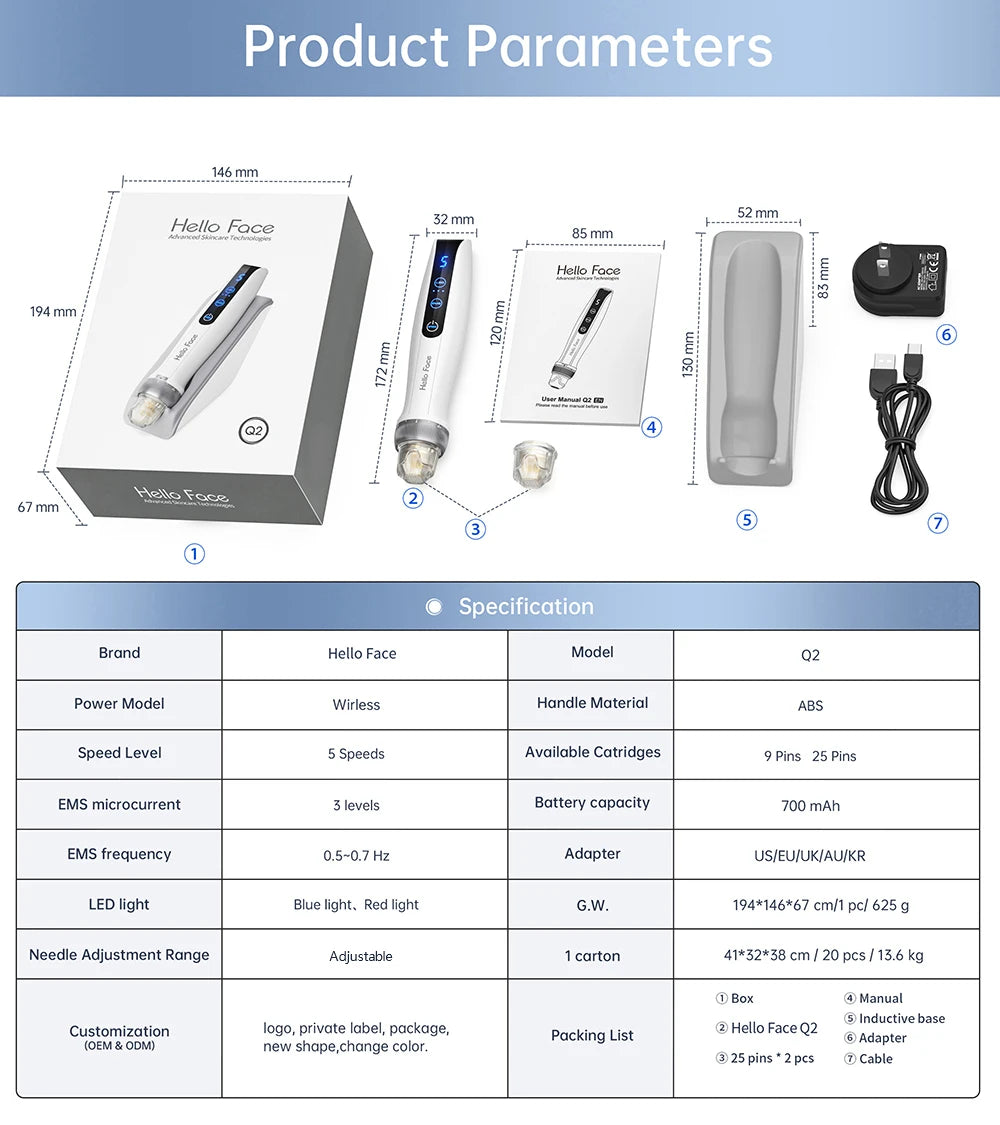 Dr. Pen Hello Face Q2 Authentic EMS Derma Pen With 2 pcs needles gifts 0.25 mm needle length
