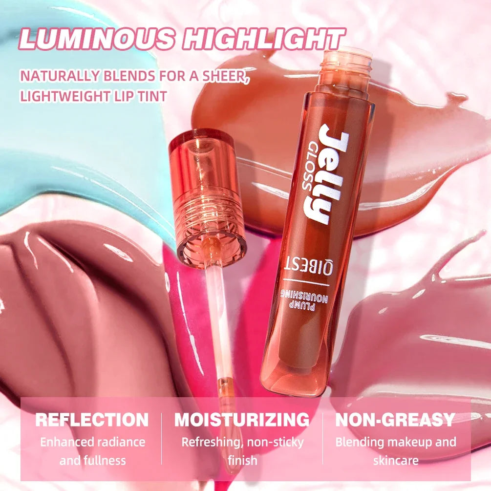 QIBEST Mirror Plump Jelly Lipgloss Tinted Lip Oil Moisturizing Water-Light Lip Glaze Abundant Hydrating Liquid Lipstick Cosmetic