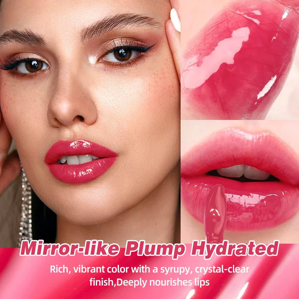 QIBEST Mirror Plump Jelly Lipgloss Tinted Lip Oil Moisturizing Water-Light Lip Glaze Abundant Hydrating Liquid Lipstick Cosmetic
